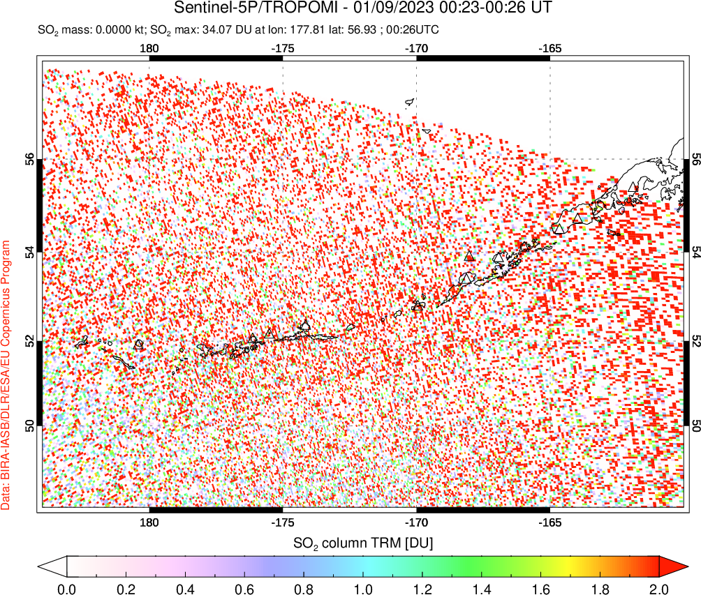 A sulfur dioxide image over Aleutian Islands, Alaska, USA on Jan 09, 2023.