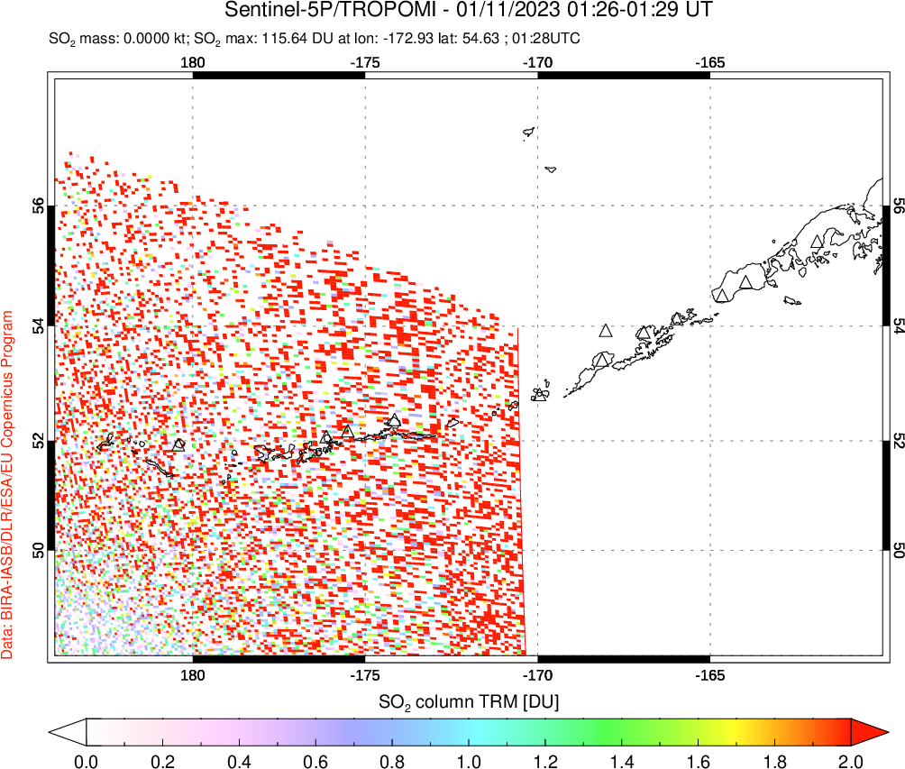 A sulfur dioxide image over Aleutian Islands, Alaska, USA on Jan 11, 2023.