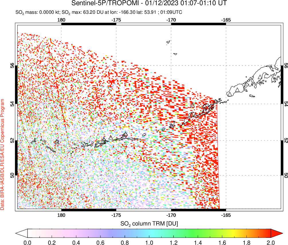 A sulfur dioxide image over Aleutian Islands, Alaska, USA on Jan 12, 2023.