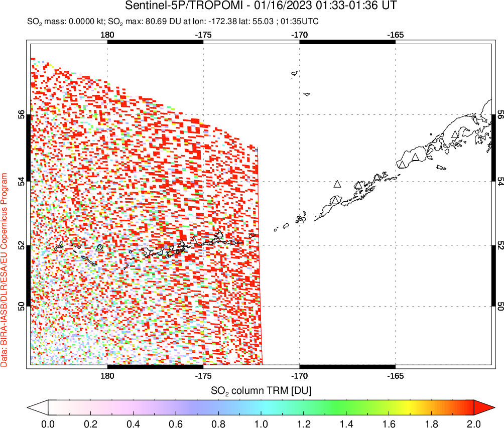 A sulfur dioxide image over Aleutian Islands, Alaska, USA on Jan 16, 2023.