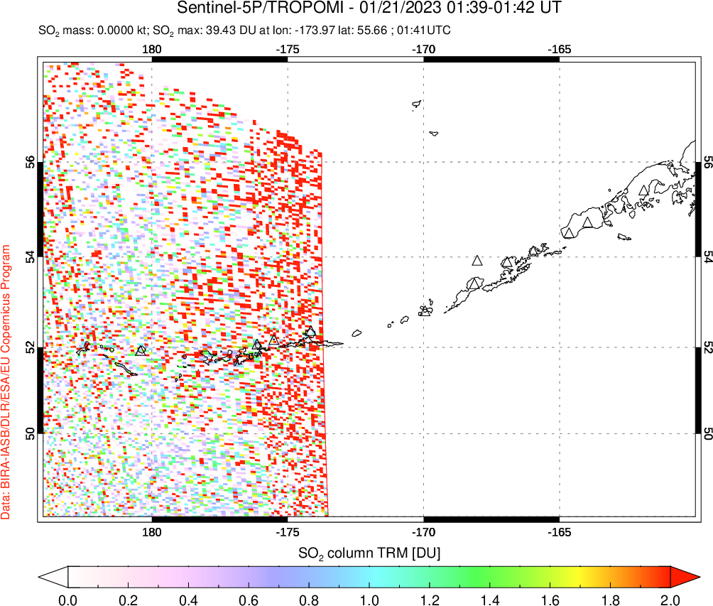 A sulfur dioxide image over Aleutian Islands, Alaska, USA on Jan 21, 2023.