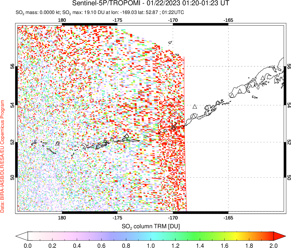A sulfur dioxide image over Aleutian Islands, Alaska, USA on Jan 22, 2023.