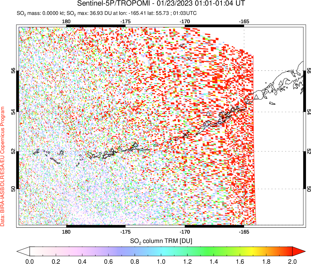 A sulfur dioxide image over Aleutian Islands, Alaska, USA on Jan 23, 2023.