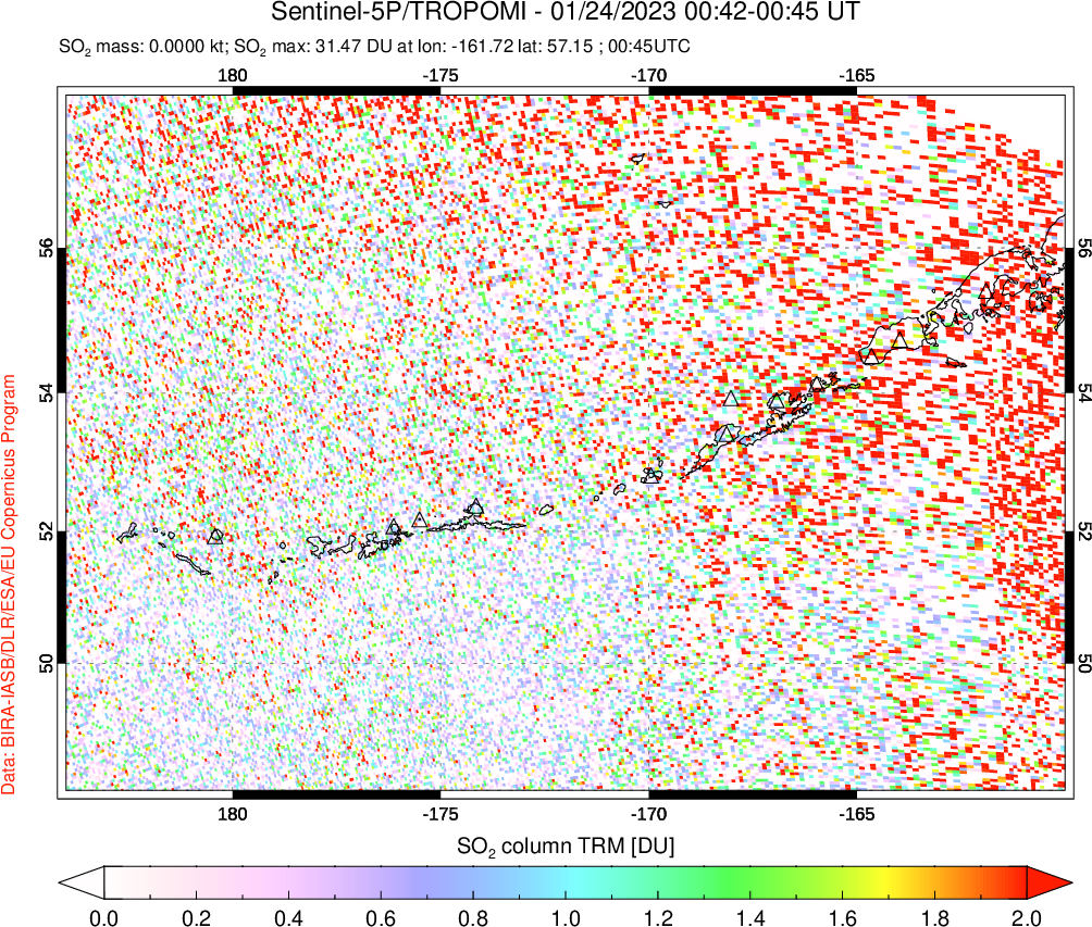 A sulfur dioxide image over Aleutian Islands, Alaska, USA on Jan 24, 2023.