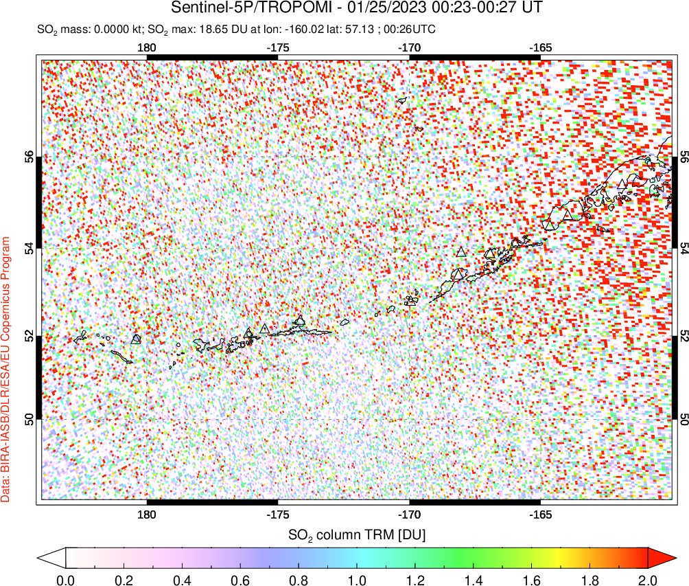 A sulfur dioxide image over Aleutian Islands, Alaska, USA on Jan 25, 2023.