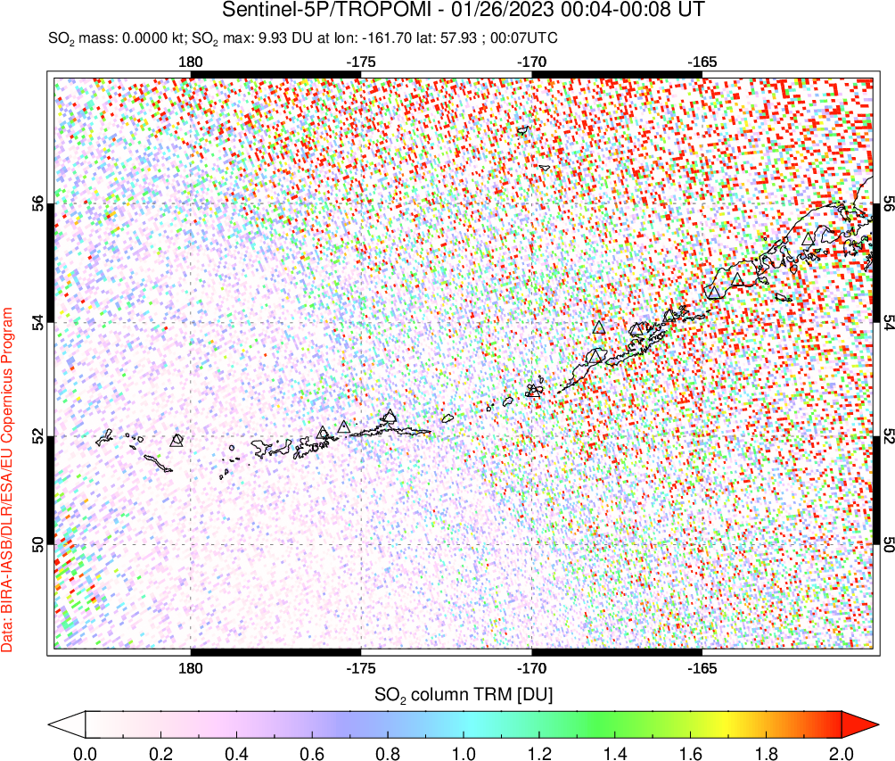 A sulfur dioxide image over Aleutian Islands, Alaska, USA on Jan 26, 2023.