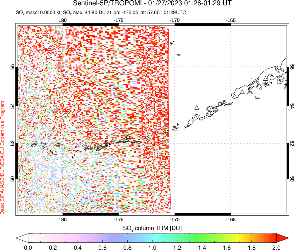A sulfur dioxide image over Aleutian Islands, Alaska, USA on Jan 27, 2023.