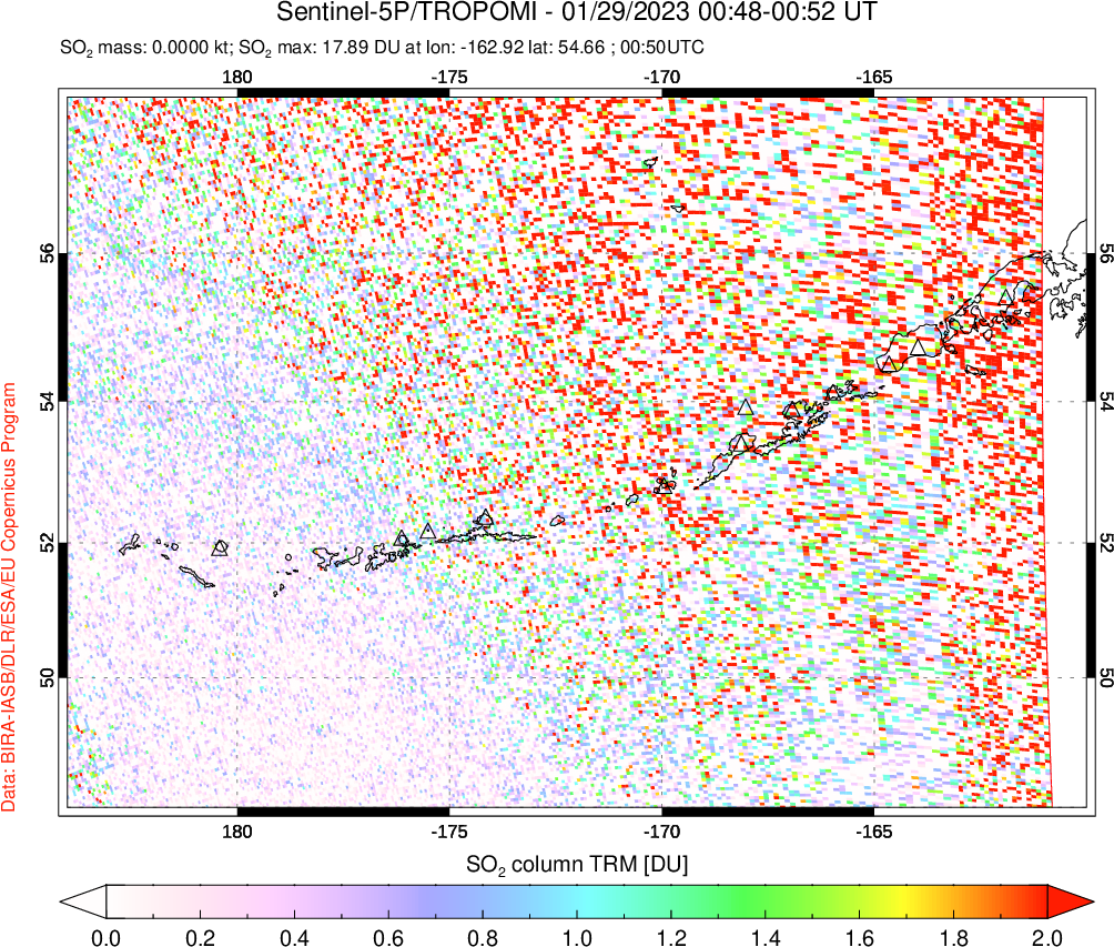 A sulfur dioxide image over Aleutian Islands, Alaska, USA on Jan 29, 2023.