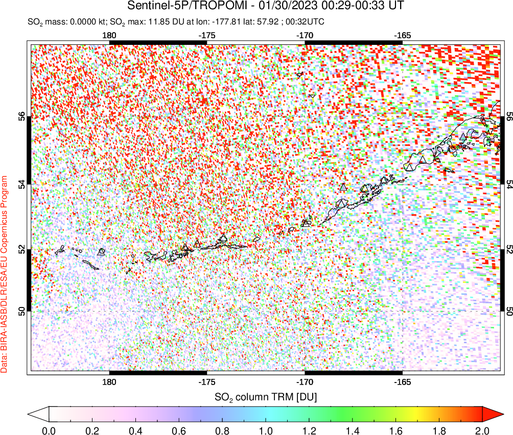 A sulfur dioxide image over Aleutian Islands, Alaska, USA on Jan 30, 2023.