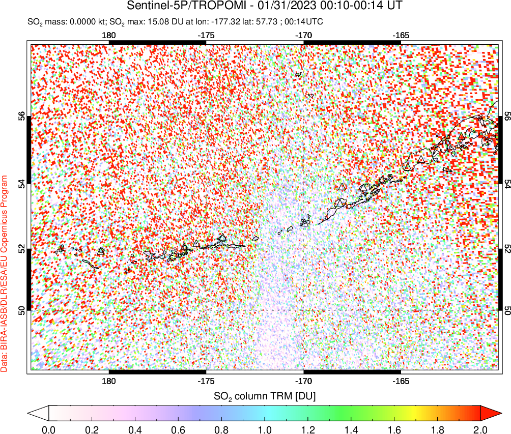 A sulfur dioxide image over Aleutian Islands, Alaska, USA on Jan 31, 2023.