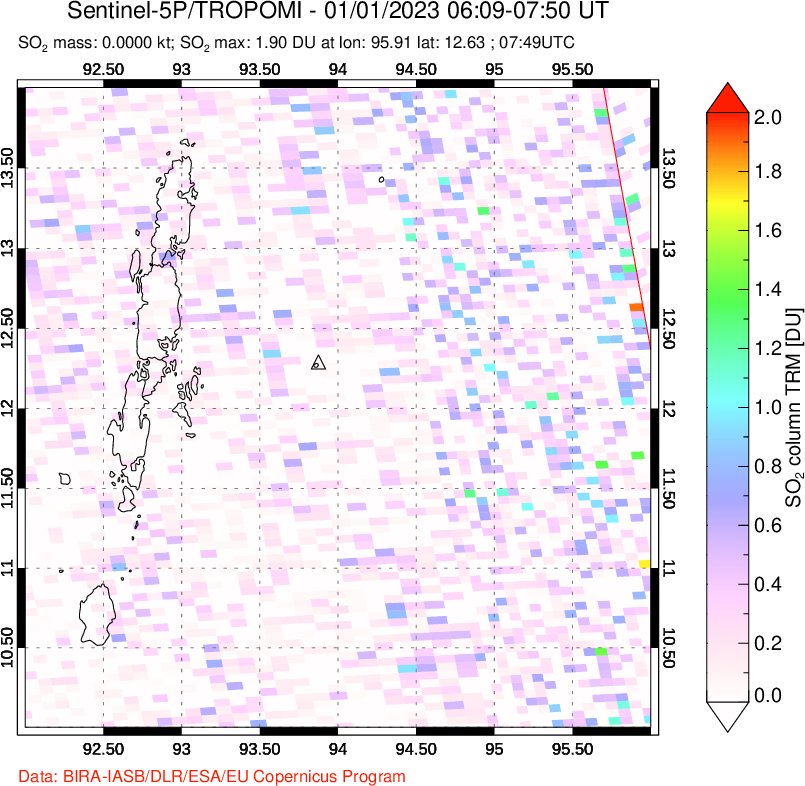 A sulfur dioxide image over Andaman Islands, Indian Ocean on Jan 01, 2023.