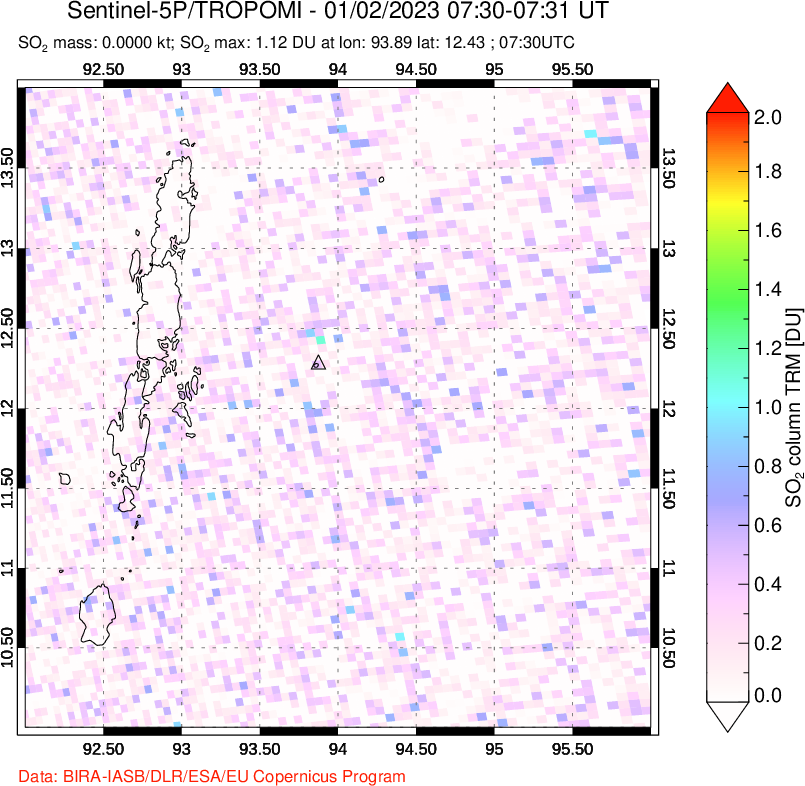 A sulfur dioxide image over Andaman Islands, Indian Ocean on Jan 02, 2023.