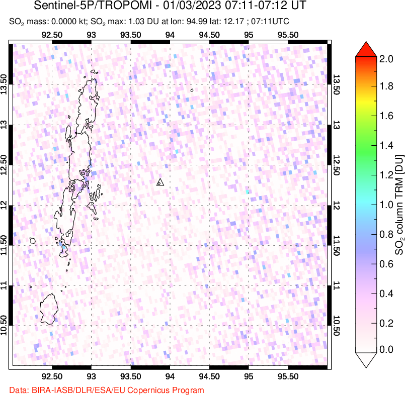 A sulfur dioxide image over Andaman Islands, Indian Ocean on Jan 03, 2023.