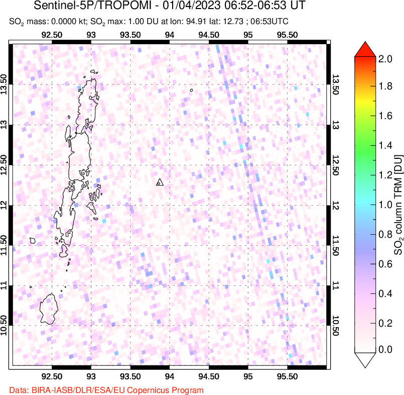 A sulfur dioxide image over Andaman Islands, Indian Ocean on Jan 04, 2023.