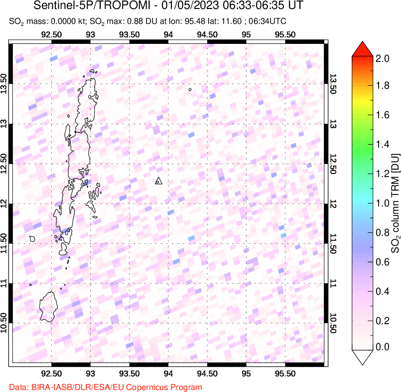 A sulfur dioxide image over Andaman Islands, Indian Ocean on Jan 05, 2023.