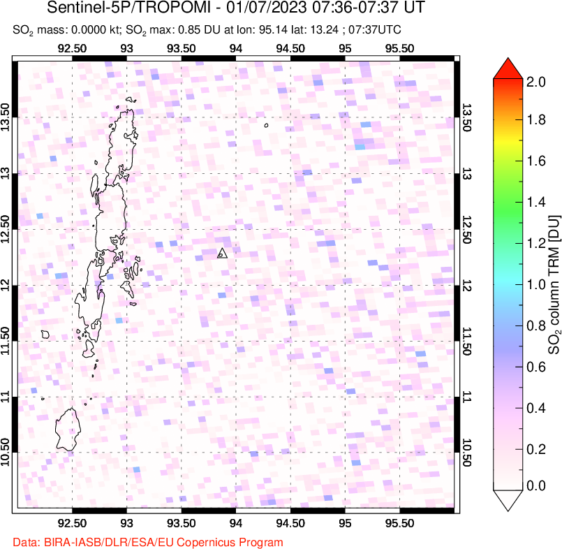 A sulfur dioxide image over Andaman Islands, Indian Ocean on Jan 07, 2023.