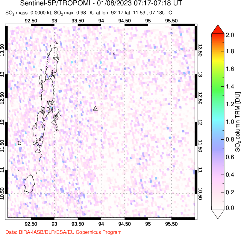 A sulfur dioxide image over Andaman Islands, Indian Ocean on Jan 08, 2023.