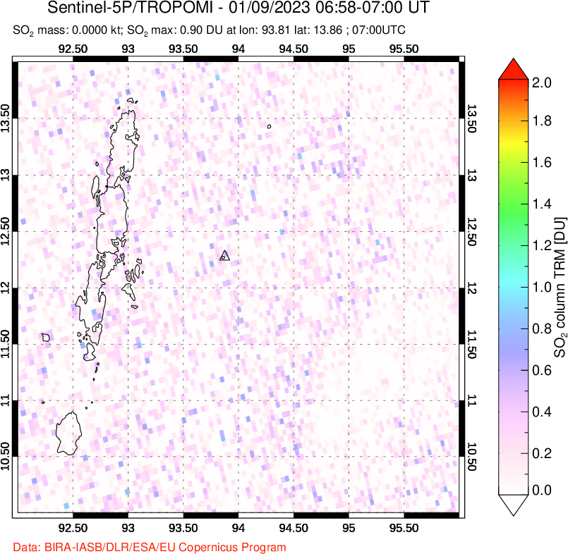 A sulfur dioxide image over Andaman Islands, Indian Ocean on Jan 09, 2023.