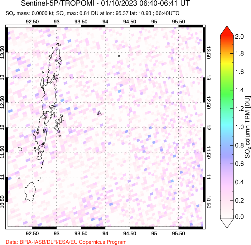 A sulfur dioxide image over Andaman Islands, Indian Ocean on Jan 10, 2023.