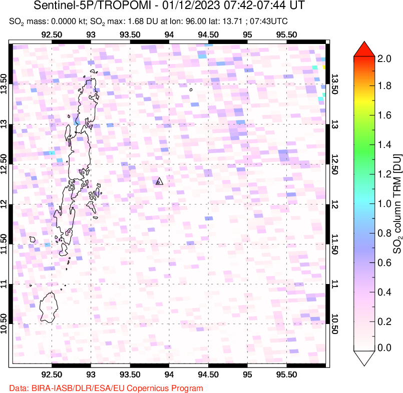 A sulfur dioxide image over Andaman Islands, Indian Ocean on Jan 12, 2023.