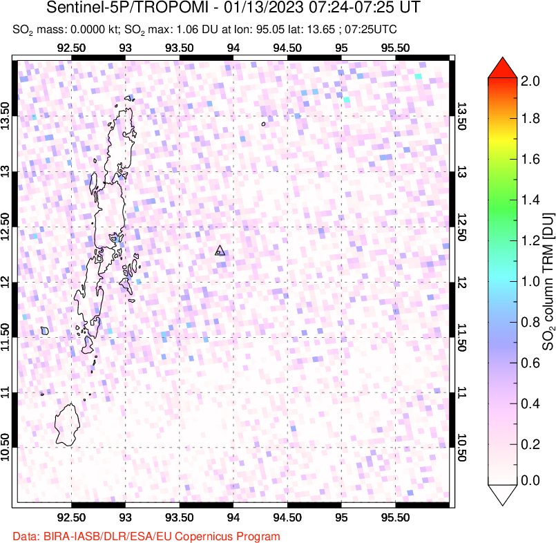 A sulfur dioxide image over Andaman Islands, Indian Ocean on Jan 13, 2023.
