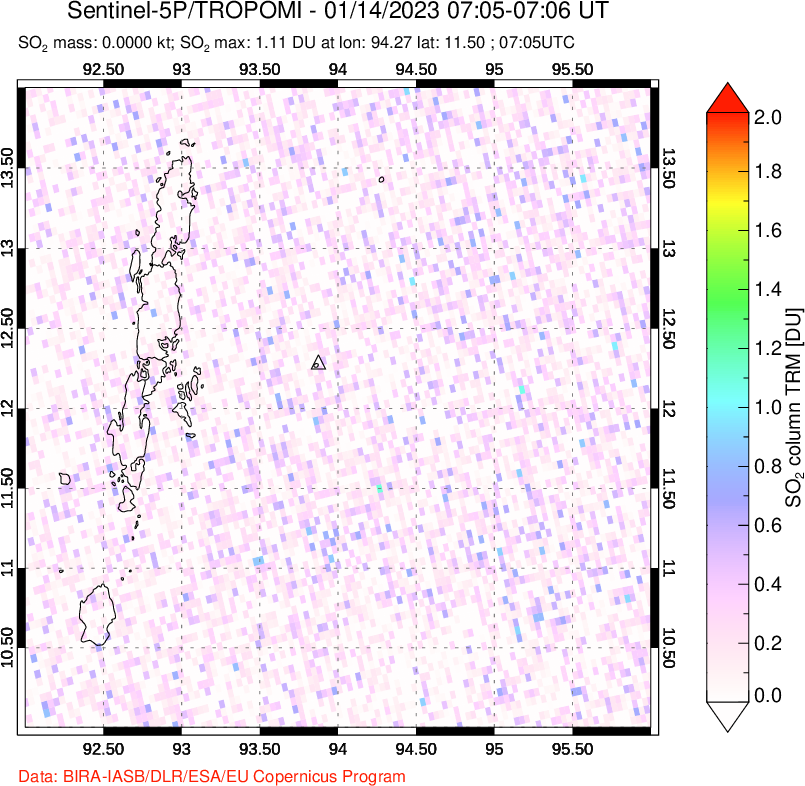 A sulfur dioxide image over Andaman Islands, Indian Ocean on Jan 14, 2023.