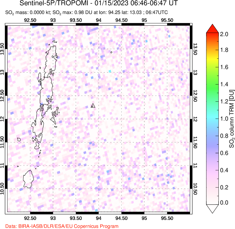 A sulfur dioxide image over Andaman Islands, Indian Ocean on Jan 15, 2023.