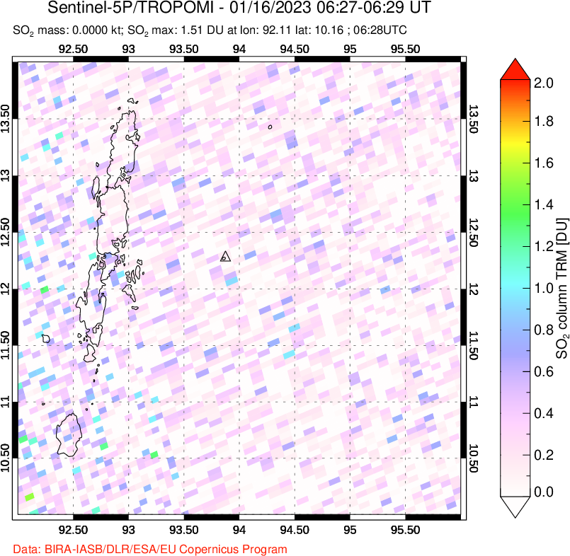 A sulfur dioxide image over Andaman Islands, Indian Ocean on Jan 16, 2023.