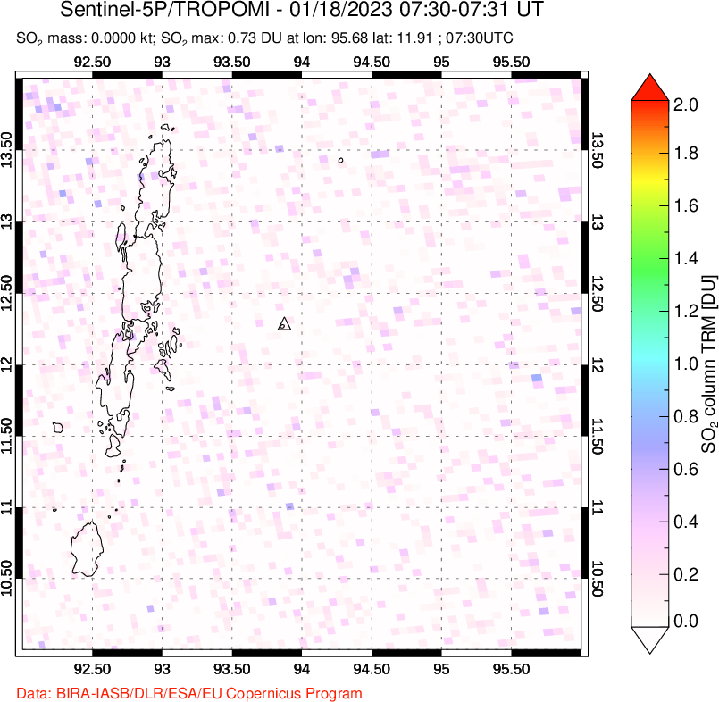 A sulfur dioxide image over Andaman Islands, Indian Ocean on Jan 18, 2023.