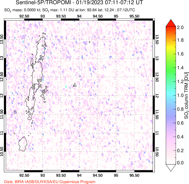 A sulfur dioxide image over Andaman Islands, Indian Ocean on Jan 19, 2023.