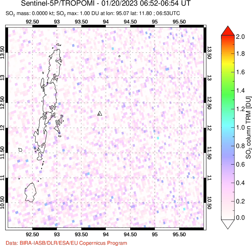 A sulfur dioxide image over Andaman Islands, Indian Ocean on Jan 20, 2023.