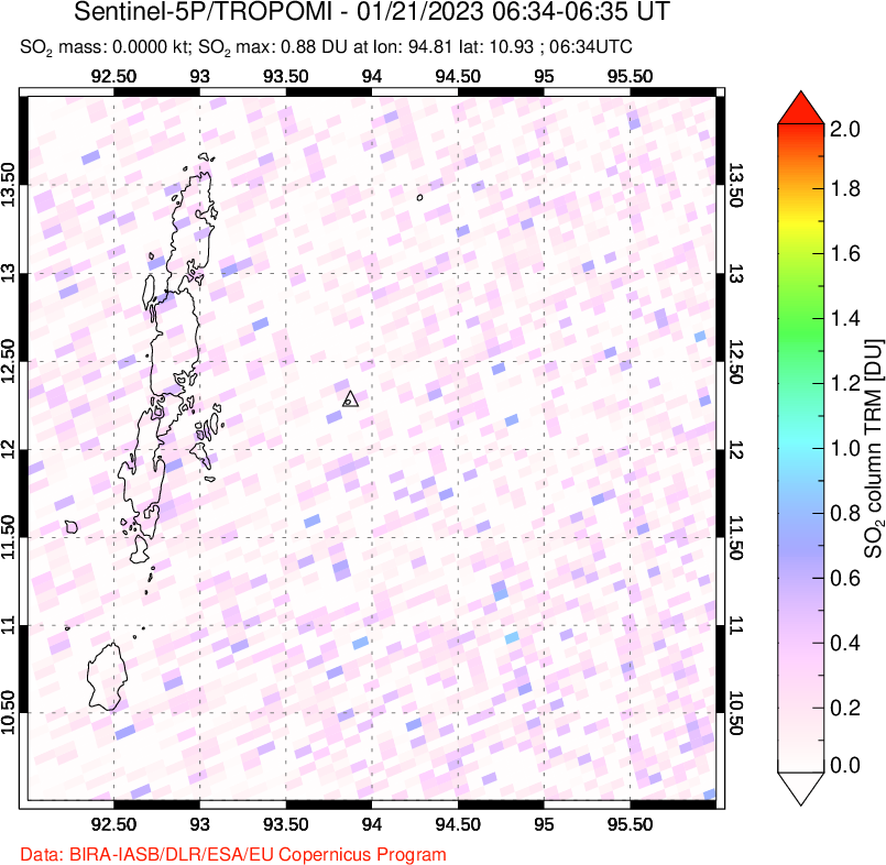A sulfur dioxide image over Andaman Islands, Indian Ocean on Jan 21, 2023.