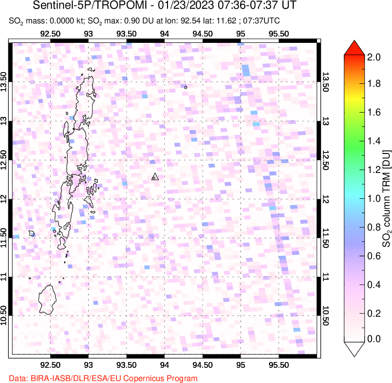 A sulfur dioxide image over Andaman Islands, Indian Ocean on Jan 23, 2023.