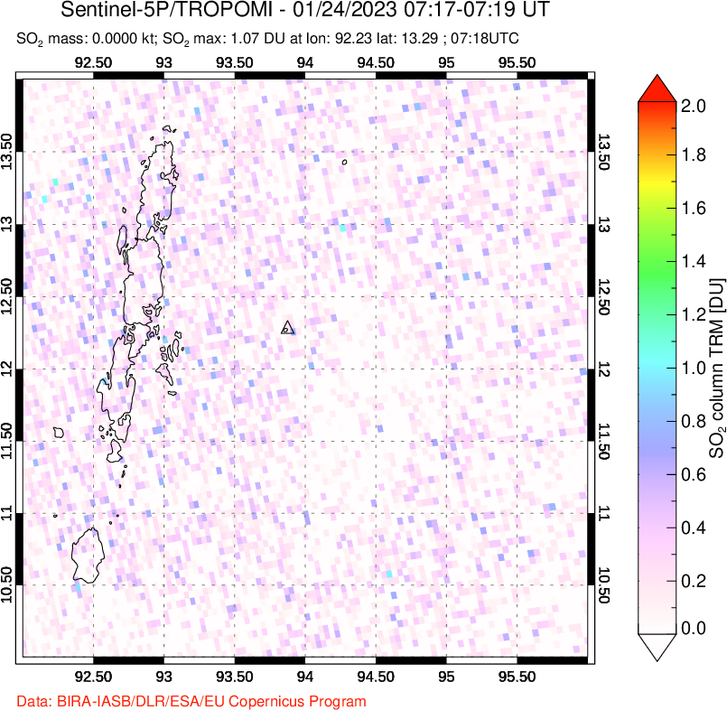 A sulfur dioxide image over Andaman Islands, Indian Ocean on Jan 24, 2023.