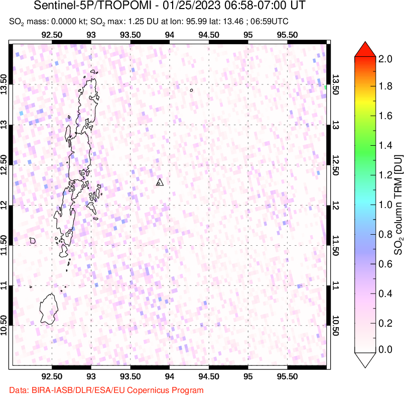 A sulfur dioxide image over Andaman Islands, Indian Ocean on Jan 25, 2023.