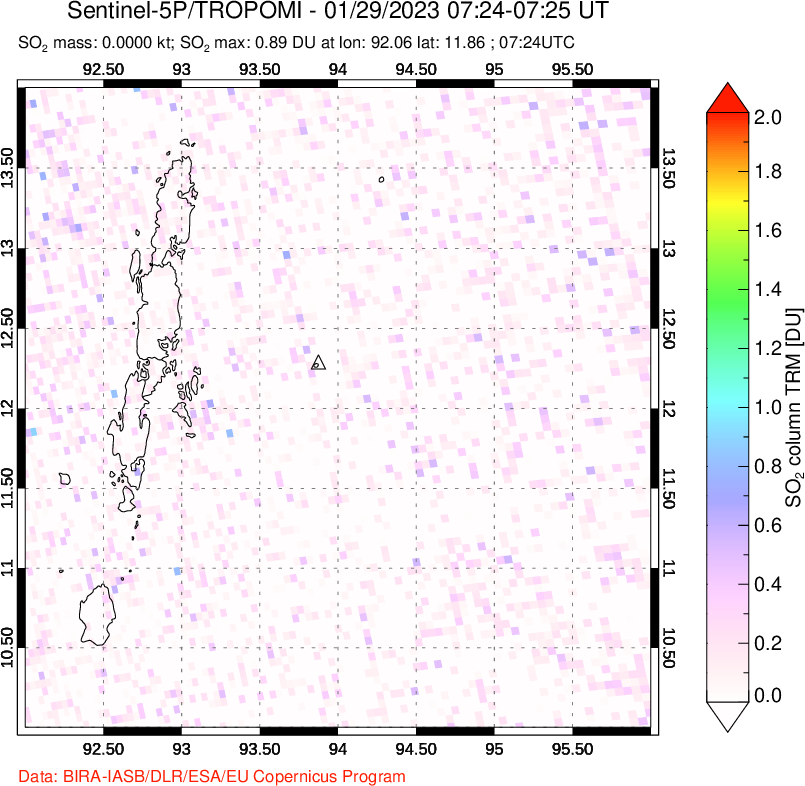 A sulfur dioxide image over Andaman Islands, Indian Ocean on Jan 29, 2023.