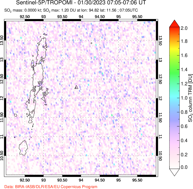 A sulfur dioxide image over Andaman Islands, Indian Ocean on Jan 30, 2023.