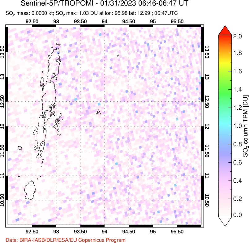 A sulfur dioxide image over Andaman Islands, Indian Ocean on Jan 31, 2023.