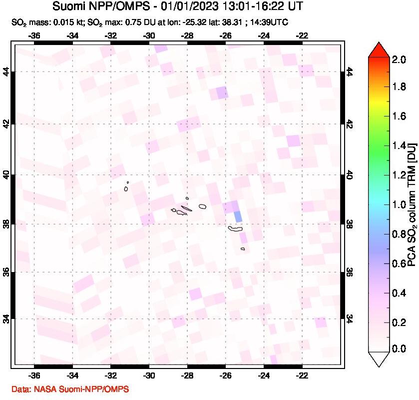 A sulfur dioxide image over Azores Islands, Portugal on Jan 01, 2023.