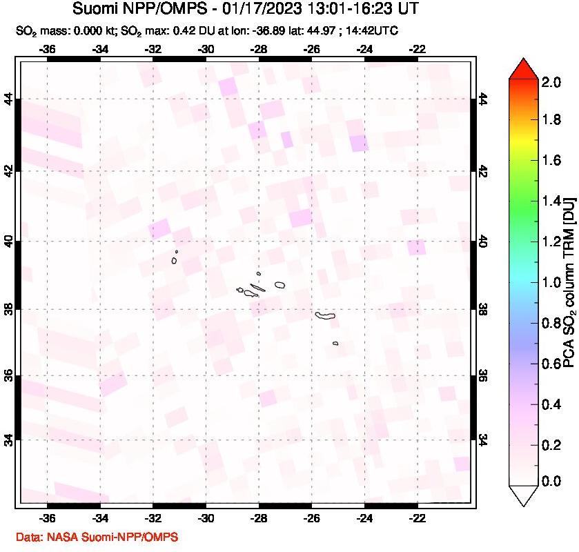A sulfur dioxide image over Azores Islands, Portugal on Jan 17, 2023.
