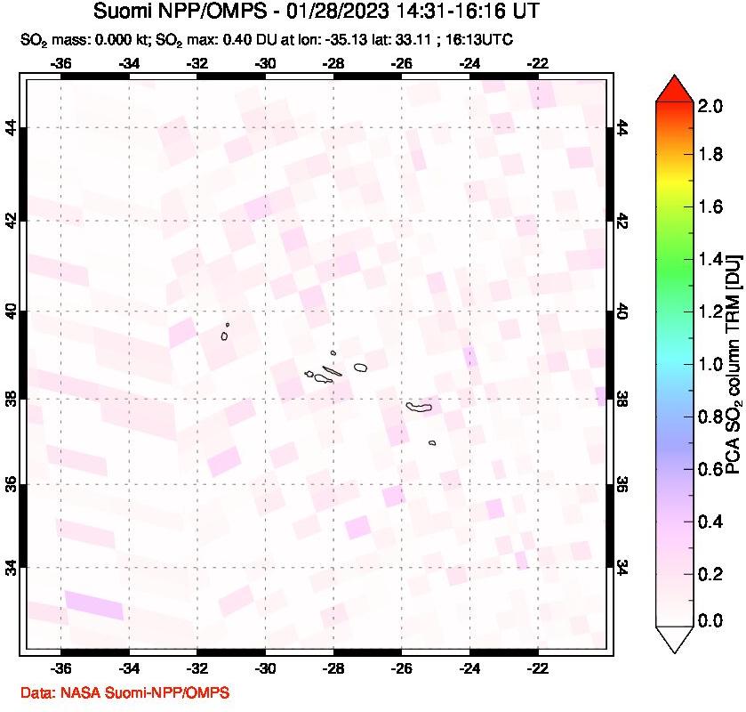 A sulfur dioxide image over Azores Islands, Portugal on Jan 28, 2023.