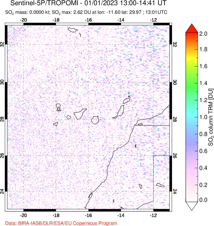 A sulfur dioxide image over Canary Islands on Jan 01, 2023.