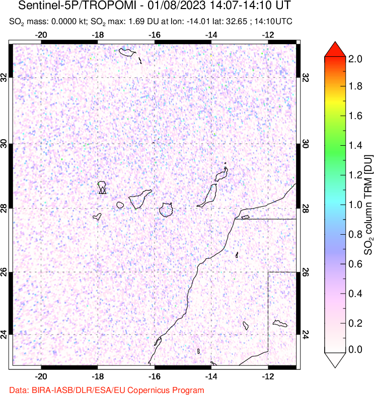 A sulfur dioxide image over Canary Islands on Jan 08, 2023.