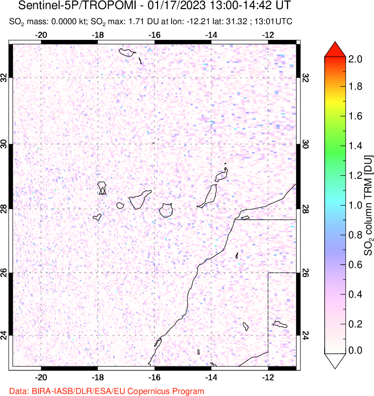 A sulfur dioxide image over Canary Islands on Jan 17, 2023.