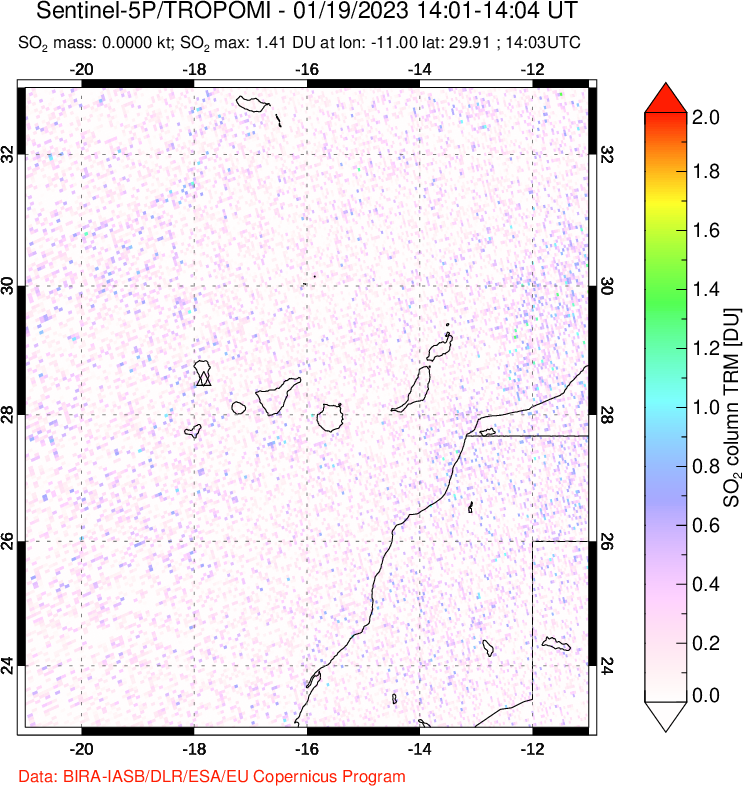 A sulfur dioxide image over Canary Islands on Jan 19, 2023.