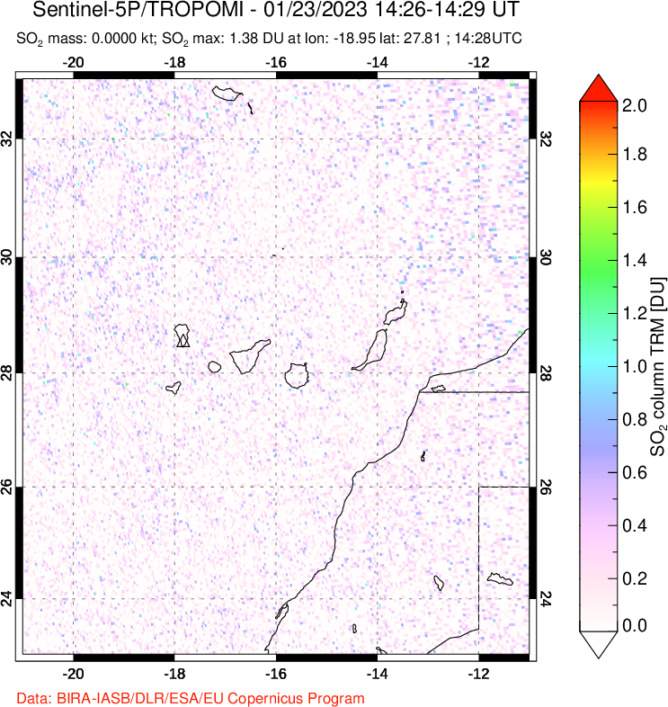 A sulfur dioxide image over Canary Islands on Jan 23, 2023.