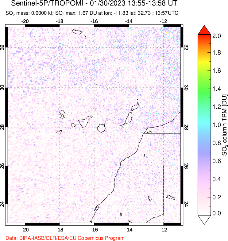 A sulfur dioxide image over Canary Islands on Jan 30, 2023.