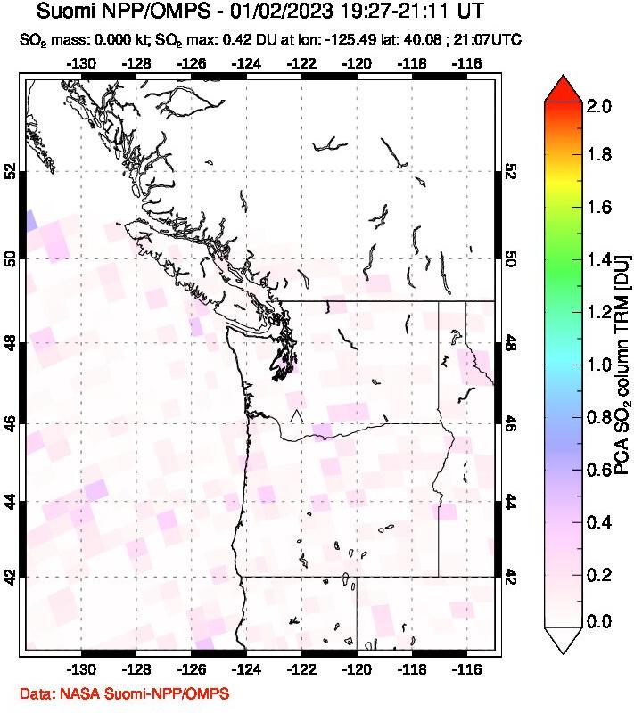 A sulfur dioxide image over Cascade Range, USA on Jan 02, 2023.