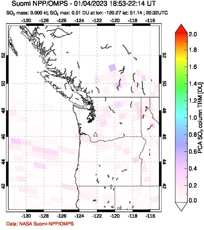 A sulfur dioxide image over Cascade Range, USA on Jan 04, 2023.