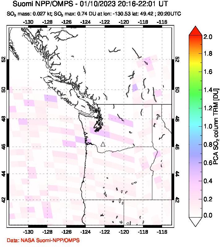 A sulfur dioxide image over Cascade Range, USA on Jan 10, 2023.